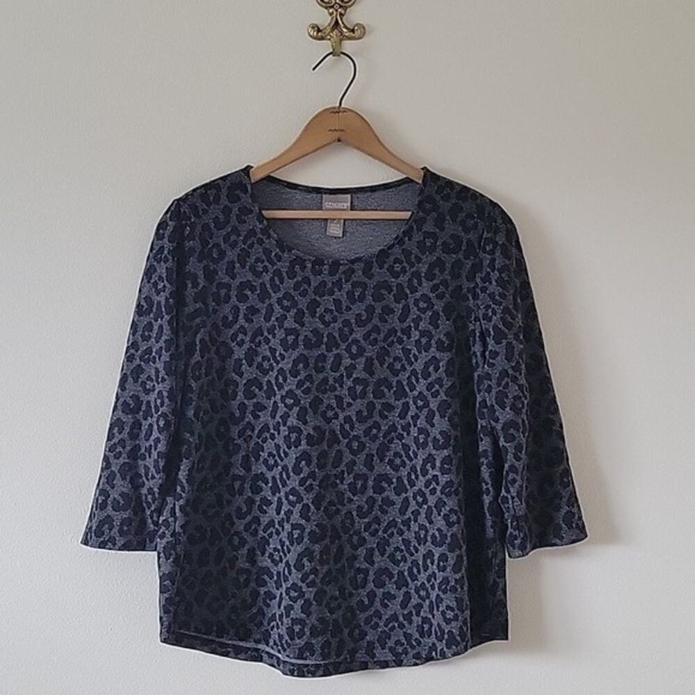 Chico's Black Grey Animal Jacquard 3/4 Sleeve Top Size Large L